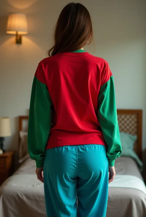 Woman wearing red t shirt with full green sleeves and blue pajamas back facing the camera and t shirt tucked in feet visible 