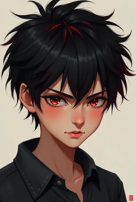 An image of half of a boy&#39;s face with black hair and red highlights, in a drawing style, but realistic. Black eyes with bright red accents. Sharp jaw and thin face. The boy with the serious expression.