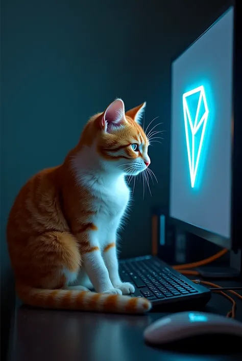 An orange white cat with tron logo is sad for crypto loss on computer