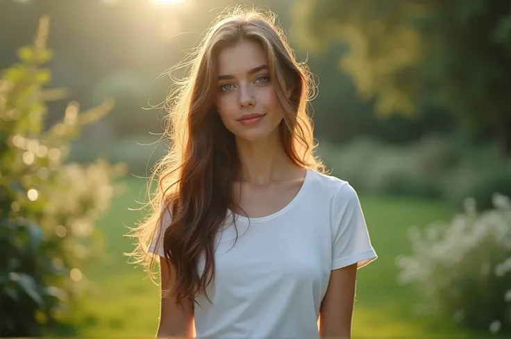 fot, taken from a distance that shows the entire body, She is very young, plein-air, em um jardim, short skirt and t-shirt, Caucasian skin, sad for a lost love, long brown hair, a softened wry smile - contained excitement, Soft lighting on your face, reali...