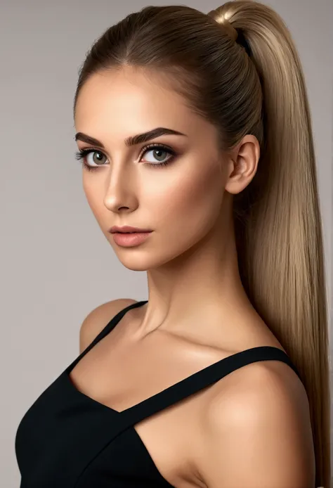 A very realistic and detailed photo of beautiful italian woman wearing black skirt, perfect makeup, long sleek straight ponytail blonde hair, high quality photo 4k, very detailed, perfect fit, looking at the camera, detailed realistic face, detailed eyes, ...