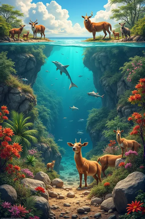 Make a collage where you can see all the types of environments with animals that live in that habitat. I want it to be very colorful and for the images to be of good quality. I also want there to be at least 20 images, a maximum of 28, and for them to show...