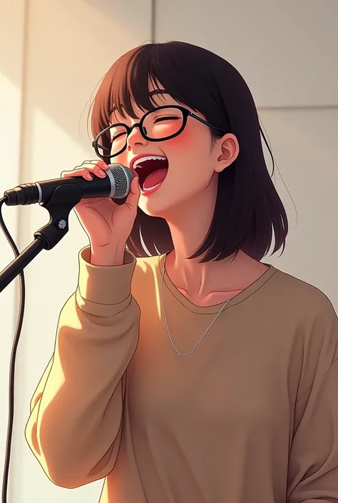 A girl with black glasses and straight brown hair is singing very happily with a microphone 
