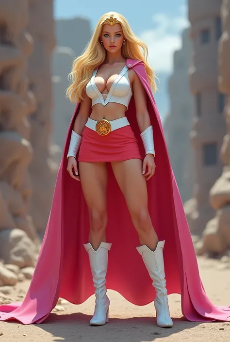 FULL SHE-RA GEAR AND ARMOR. A SEXY LARGE BREASTED YOUNG BLONDE SHE-RA WITH BLUE EYES WEARING A WHITE V SHE-RA BLOUSE WITH A SHE-RA EMBLEM ON THE HER CHEST, SHE-RA TIARA, A SHORT RED MINI SKIRT WITH A WHITE LEATHER BELT, TALL WHITE HEELED BOOTS, AND A LONG ...