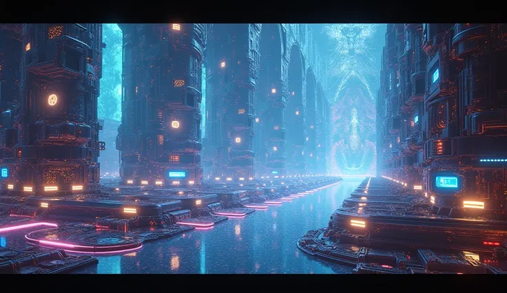 a technological labyrinth in the universe, futuristic sci-fi landscape, ethereal energy fields, glowing neon structures, complex machinery, floating platforms, complex circuits, holographic screens, dynamic lighting effects, cinematic camera angle, digital...