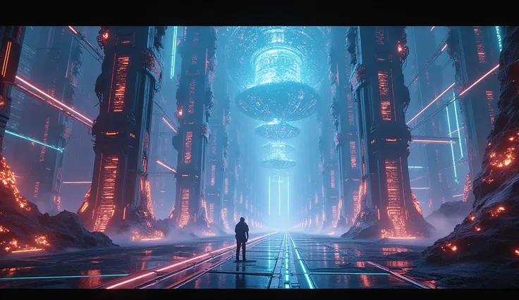 a technological labyrinth in the universe, futuristic sci-fi landscape, ethereal energy fields, glowing neon structures, complex machinery, floating platforms, complex circuits, holographic screens, dynamic lighting effects, cinematic camera angle, digital...