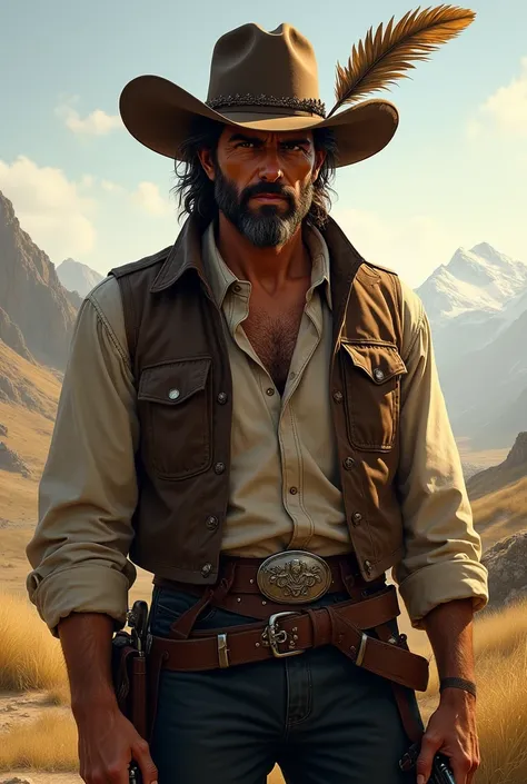 He has combed brown hair and a somewhat unkempt beard. His eyes are brown. Use John Marston from Red Dead Redemption as a reference and dark pants. He wears a hat with a feather. He also has a scar on his face. He is American, with a strong sense of brothe...