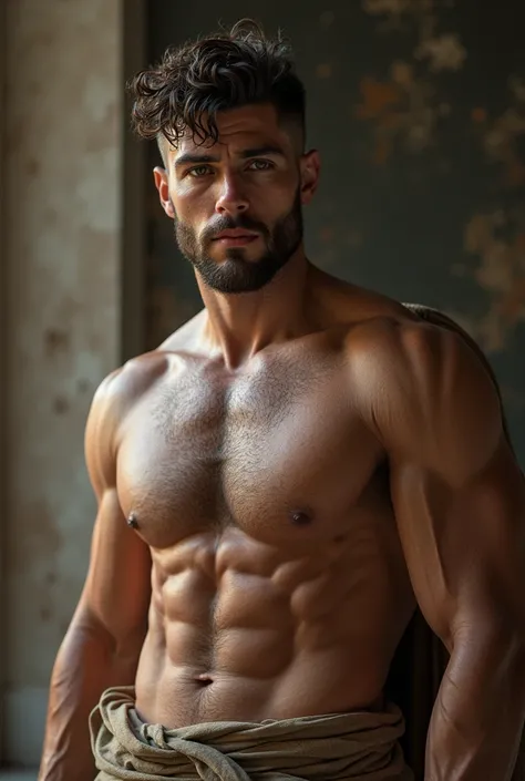 Ancient Greek man muscular but not too exaggerated just muscular,nothing exaggerated, younger and closer photo
