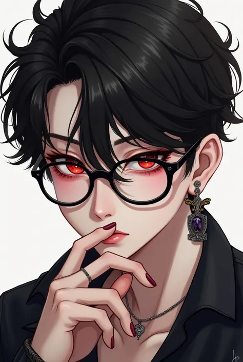 (Portraits:1.4), (masterpiece:1.2, best quality:1.2),a boy with glasses and a red eye is looking at the camera, high quality artstyle, style portrait, style character face focus, extremely detailed face, extremely detailed eyes, good-looking, make up, fing...