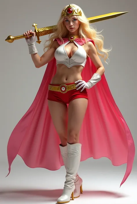 FULL SHE-RA GEAR AND ARMOR. A SEXY LARGE BREASTED YOUNG BLONDE SHE-RA WITH BLUE EYES WEARING A WHITE V SHE-RA BLOUSE WITH A SHE-RA EMBLEM ON THE HER CHEST, SHE-RA TIARA, A SHORT RED MINI SKIRT WITH A WHITE LEATHER BELT, TALL WHITE HEELED BOOTS, AND A LONG ...