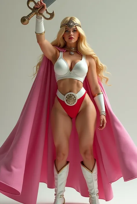 FULL SHE-RA GEAR AND ARMOR. A SEXY LARGE BREASTED YOUNG BLONDE SHE-RA WITH BLUE EYES WEARING A WHITE V SHE-RA BLOUSE WITH A SHE-RA EMBLEM ON THE HER CHEST, SHE-RA TIARA, A SHORT RED MINI SKIRT WITH A WHITE LEATHER BELT, TALL WHITE HEELED BOOTS, AND A LONG ...