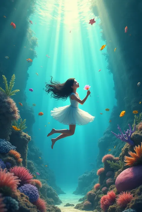 A girl holding a flower and diving in the coral with sea species 