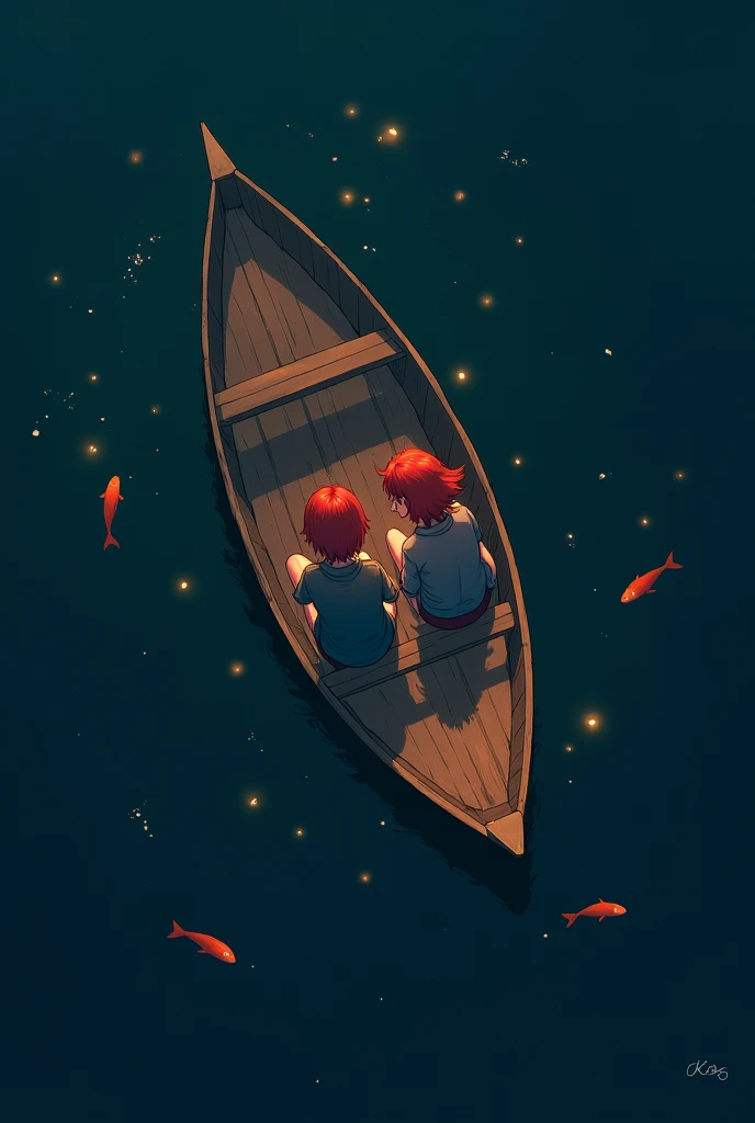 A couple, what sits in a small wooden boat at night. With fireflies and fish in the water. The perspective should be from above on the boat. The woman is wearing a jacket and shorts and has red hair. 
