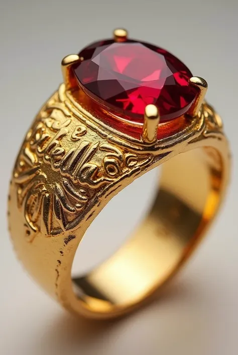 Thick gold ring with the word ISABELLA written on it with a red stone