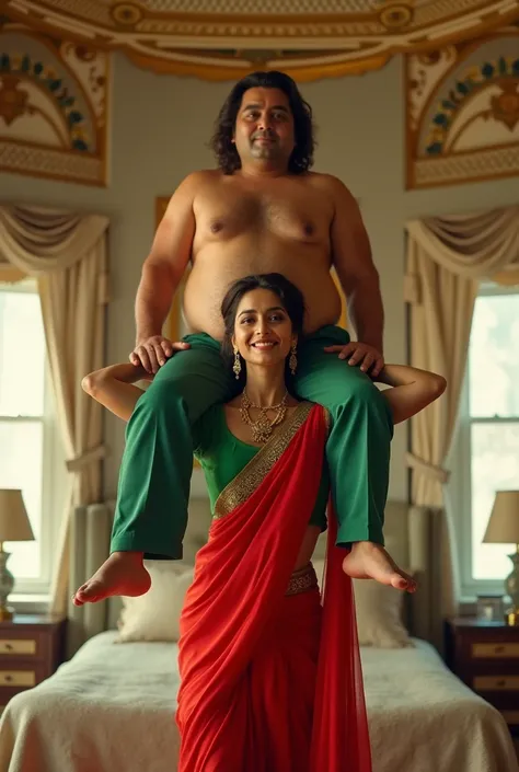 Beautiful and Slim Indian woman Aishwarya Rai in green blouse red saree lifting a large chubby fat man above her shoulders, man is sitting on womans shoulders, in a bedroom with high ceiling, natural smile, woman is looking into the camera , full body imag...