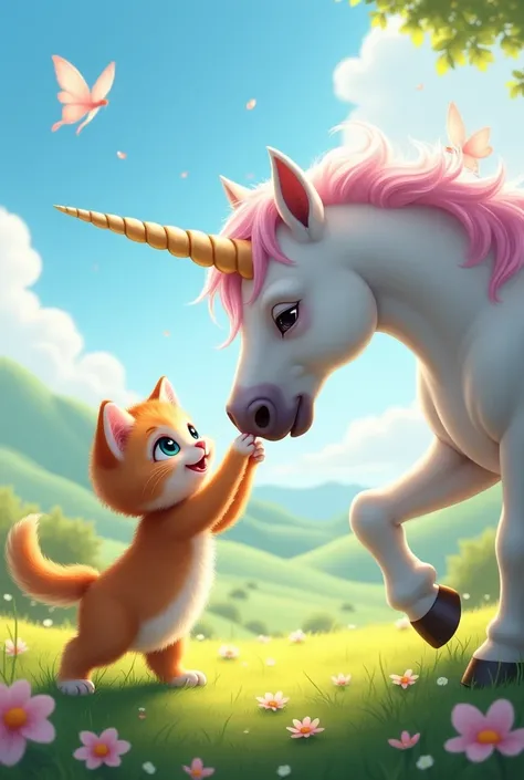 A cute kitten fighting with a unicorn