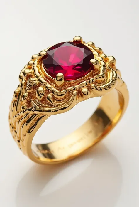 Thick gold ring with the word ISABELLA written on it with a red stone