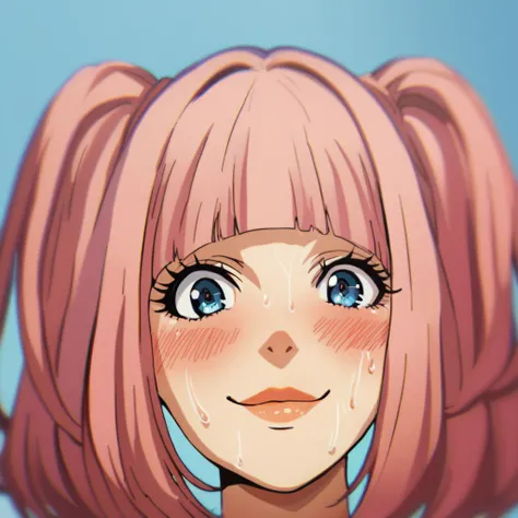 score_9_up, score_8_up, score_7_up, hana midorikawa, blue eyes, pink hair, double ponytails hairstyle, looking at viewer, blush, sadistic smile, sadistic eyes, bangs, lips, sweat, blunt bangs, close-up, best quality, high quality