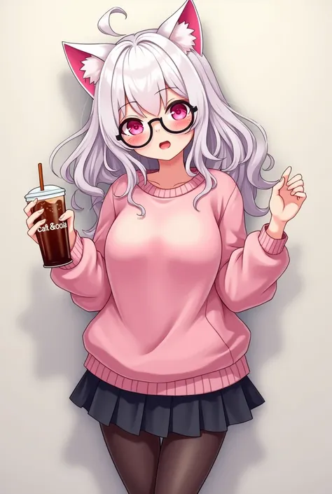 I have white pink hair, cat ears, A good, My face is super flushed, black glasses, pink heart eyes, a big pink sweatshirt, a black skirt, black stockings, White shoes, A cat&#39;cola, A woman. very shy that is stuck to a wall with her butt