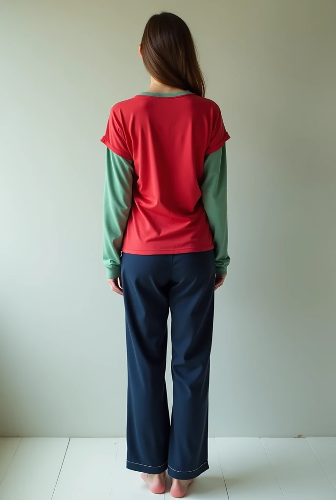 Slim woman wearing red t shirt with full light green sleeves and navy blue pajamas back facing the camera and t shirt tucked in feet visible 