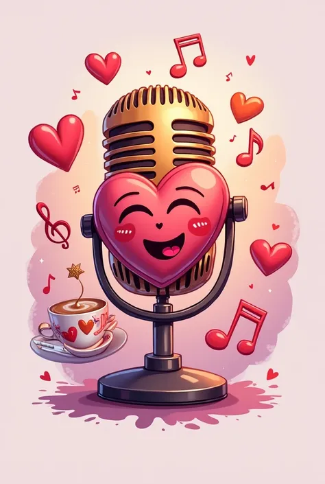 A logo with a microphone heart and music notes and bright pastel colors And a coffee cup with heart eyes and glitter