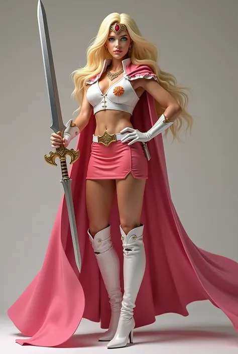 FULL SHE-RA GEAR AND ARMOR. A SEXY LARGE BREASTED YOUNG BLONDE SHE-RA WITH BLUE EYES WEARING A WHITE V SHE-RA BLOUSE WITH A SHE-RA EMBLEM ON THE HER CHEST, SHE-RA TIARA, A SHORT RED MINI SKIRT WITH A WHITE LEATHER BELT, TALL WHITE HEELED BOOTS, AND A LONG ...