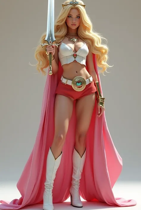 FULL SHE-RA GEAR AND ARMOR. A SEXY LARGE BREASTED YOUNG BLONDE SHE-RA WITH BLUE EYES WEARING A WHITE V SHE-RA BLOUSE WITH A SHE-RA EMBLEM ON THE HER CHEST, SHE-RA TIARA, A SHORT RED MINI SKIRT WITH A WHITE LEATHER BELT, TALL WHITE HEELED BOOTS, AND A LONG ...