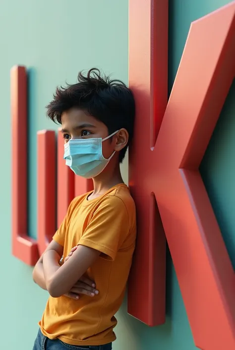 Indian 15 year boy wearing mask lean on 3d letter lucky behind him 