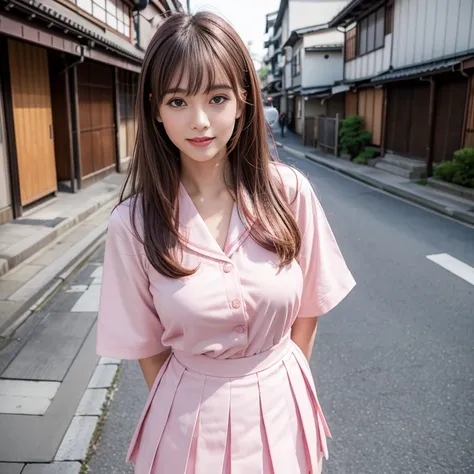 laughing out loud，pink collar, Wear Kitauji High School uniform, White sailor suit, Pink pleated skirt, Pink collared clothes on white background, (knee shot), 1 girl, On the face, light brown hair, blunt bangs, hair behind ears, Hair over the shoulders, l...