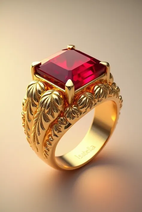 Thick gold ring with ISABELLA written on the outside with red stone