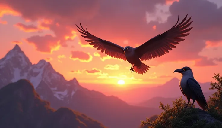 ((8k)), ((best qualityer)), ((work of art)), (detailded), Nile flies high, crossing the mountains in the distance, exactly as he always dreamed. Ao fundo, Kavi, the old crow, looks on with a smile of pride. The sky is painted with sunset colors, in shades ...