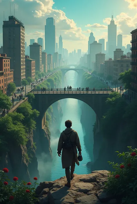 A man leaves a gloomy city, where is the fire, robbery and robberies, across the bridge into a clean city where plants grow and streets are clean. People are happy. There is a chasm before the bridge. 