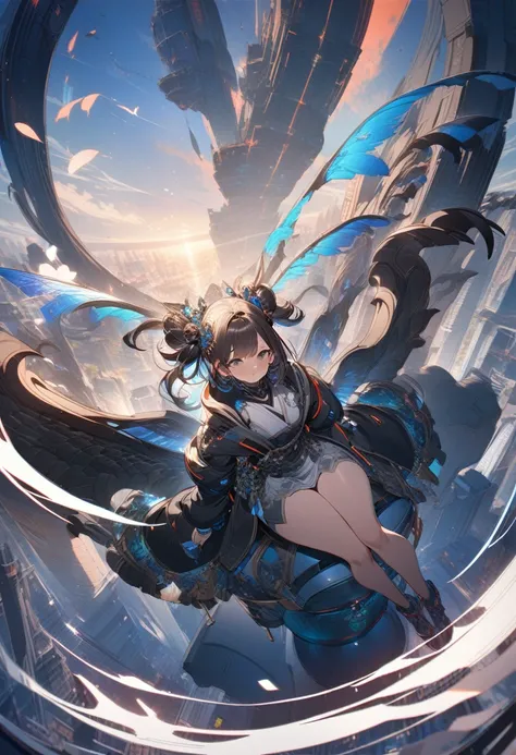 1girl, solo, Kyoto Animation stylized anime mixed with tradition Chinese artworks~ A dragon flying at modern cyberpunk fantasy world. Cinematic Lighting, ethereal light, intricate details, extremely detailed, incredible details, full colored, complex detai...