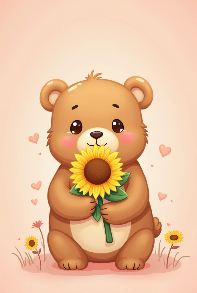 A cute cartoon bear holding a sunflower, background colour is cute pink