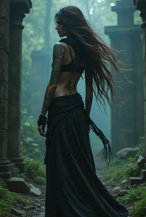 night, very dimly lit, highly detailed, intricate, masterwork, random view angle, skinny female warrior, extensively tattooed, confidence, lost in thoughts, fantasy futuristic mixed setting, extremely long voluminous hair, long scarf, crop tank, low-rise m...