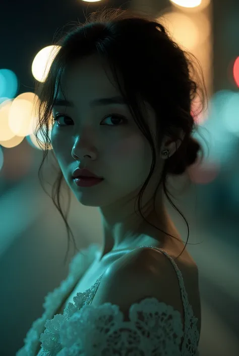 photo, night photo, photo of 23 y.o beautiful asian woman, pale skin, bokeh, motion blur, nude