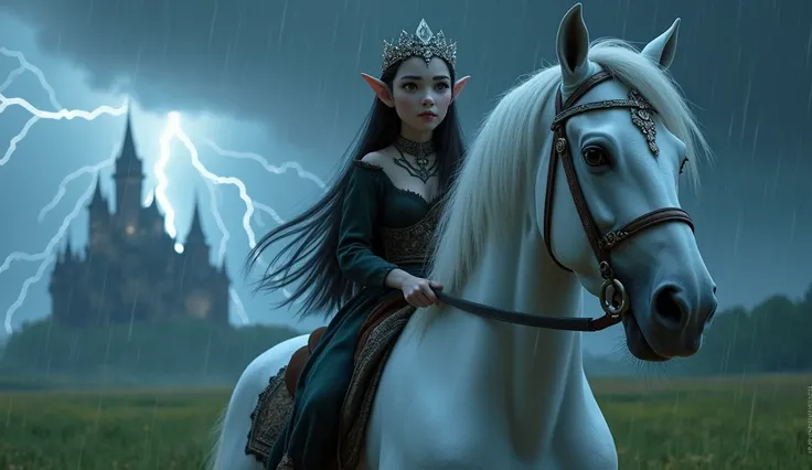 a young and beautiful elf princess, with elven tattoos, beautiful pale face, gray eyes, beautiful black hair with a crystal tiara, rides her white horse, it is raining torrentially, thunder is falling, the sky is extremely dark, in the background you can s...