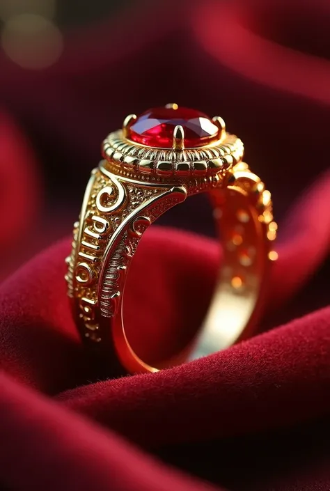 Thick gold wedding ring with ISABELLA written on the outside with a red stone