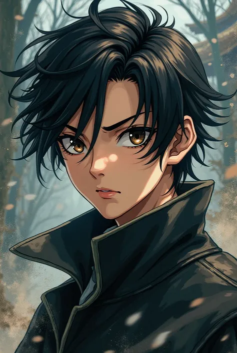 Young man character with black slicked back hair, dark brown eyes in demon slayer anime style