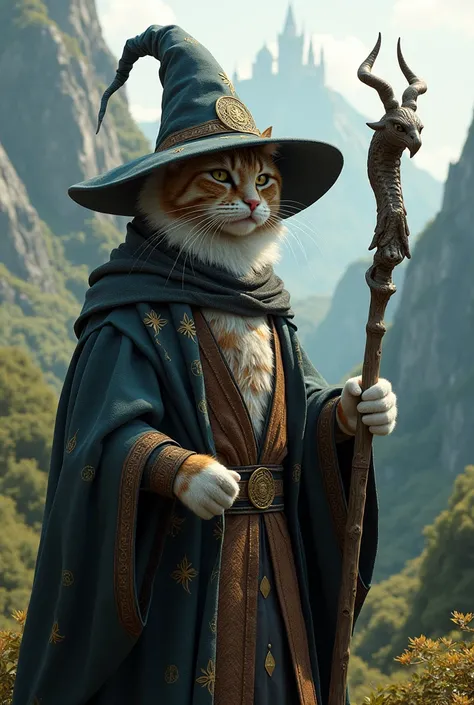 Create a realistic image of a cat as a wizard on a Lord of the Rings background