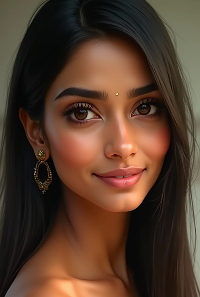 Create a realistic and stunning image of an adult Indian woman. She has warm, glowing, medium-brown skin with a smooth texture. Her large, almond-shaped eyes are deep brown, with long, thick eyelashes framing them. Her eyebrows are slightly arched, full, a...