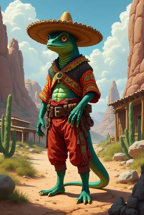 A skinny Mexican humanoid chameleon, with a sombrero poncho and matching pants. Id like the art in a fantasy RPG style, set in the old west.