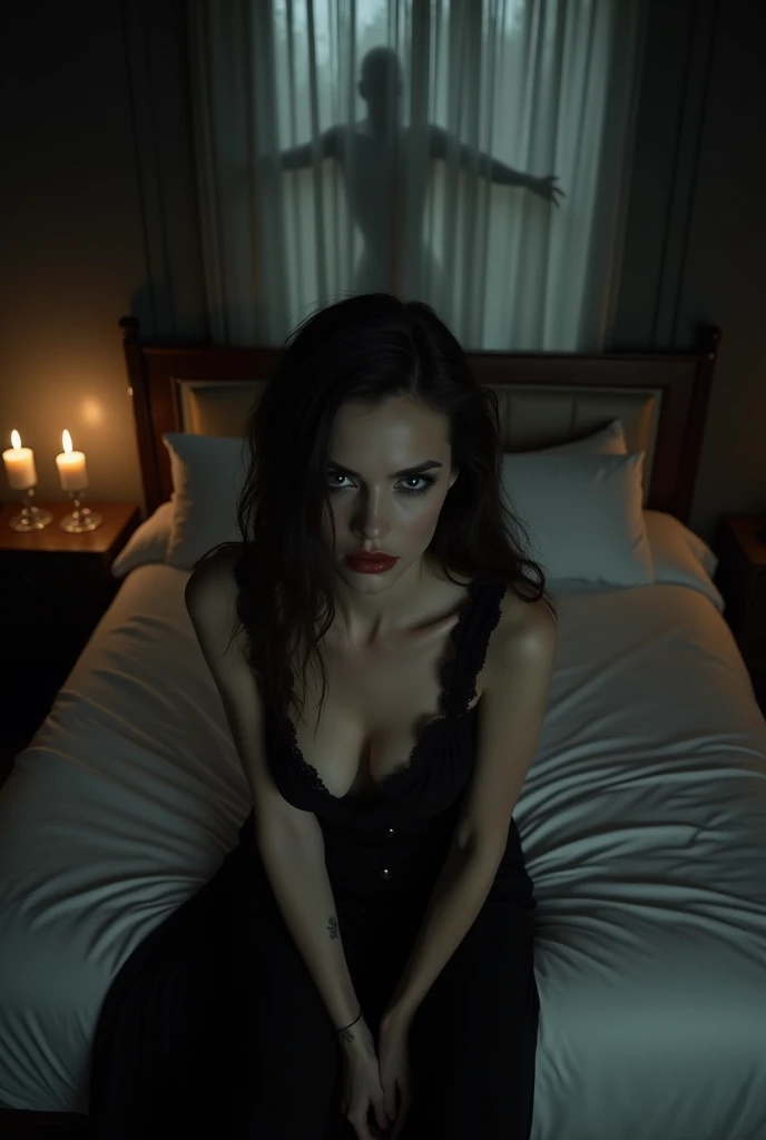 A Haunted hotel room,sexy girl,dark light,candles, horror window,night time, Barbara palvin in black night dress, deep cleavage sitting on bed,pov from above, serious face