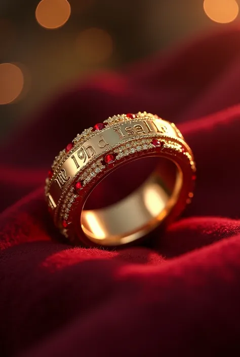 Thick gold wedding ring with ISABELLA written on the outside with a red stone