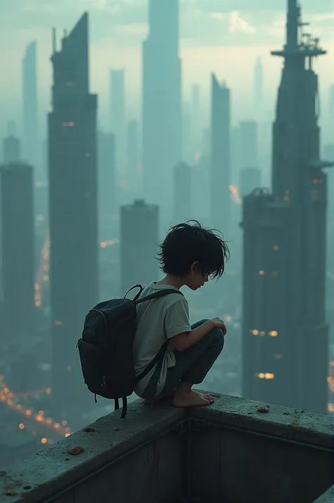 a boy crouches on the railing of the roof，black color hair，deep expression，hair strands，carry a backpack，look at the high tall buildings at your feet，dark tones、dark blue theme、sci-fi sense、the proportions of the characters are small，de