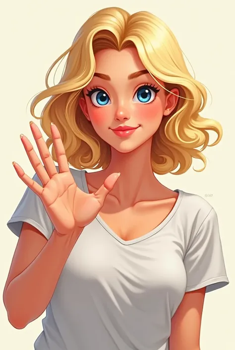 Drawing of a blonde woman saying hello 