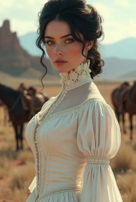 1875, southern lady, black hair, green eyes,  feminine dress, wild west, wears her hair tied up,   white victorian dress