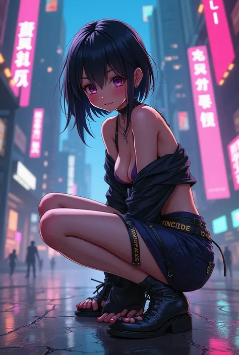 anime girl, 16 years, standing and crouching towards the viewer, big breasts, grin, open skirt, top neckline, cyberpunk futuristic world