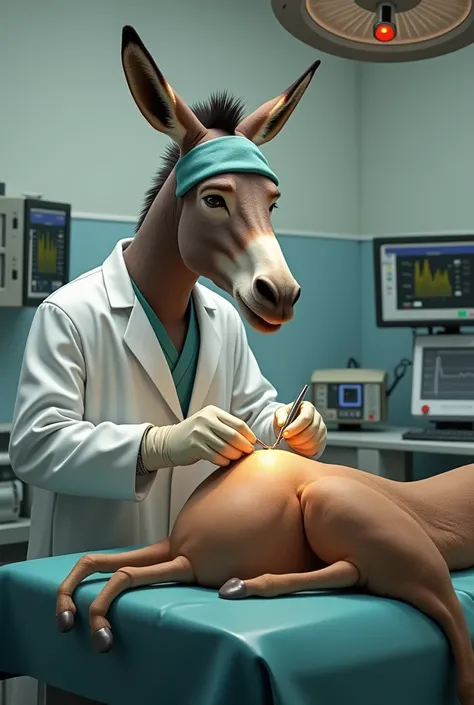 A donkey doctor is operating on a camel while the camel is lying on the bed. 