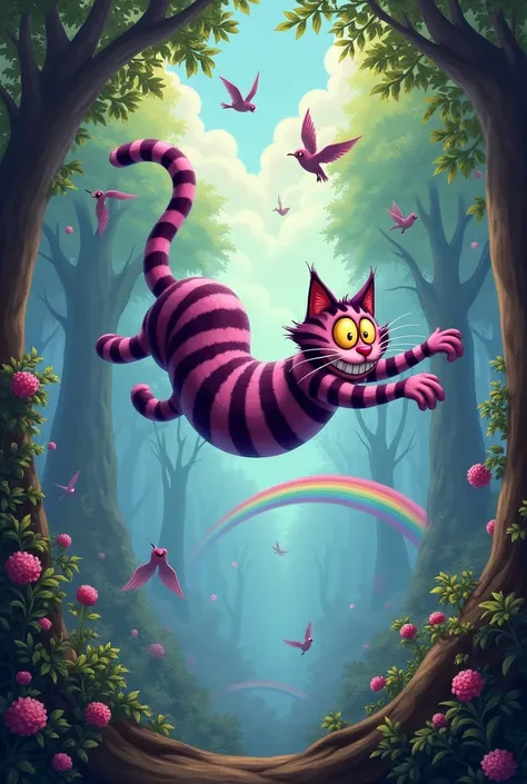 Cheshire cat stretching while floating among trees, rainbows and birds